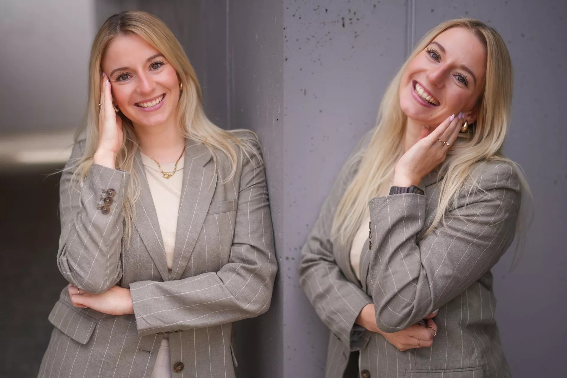 Hannah, gleich zweifach zu sehen, lacht dich an
